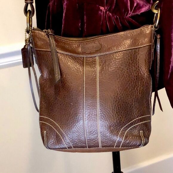 COACH Brown Tumbled Leather Crossbody Tote Shoulder Bag Exterior Zipper Pocket - Picture 2 of 16